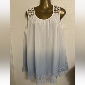 VALERIE STEVENS Sleeveless Blue White  Round neck yoked Lace Blouse Size XXL